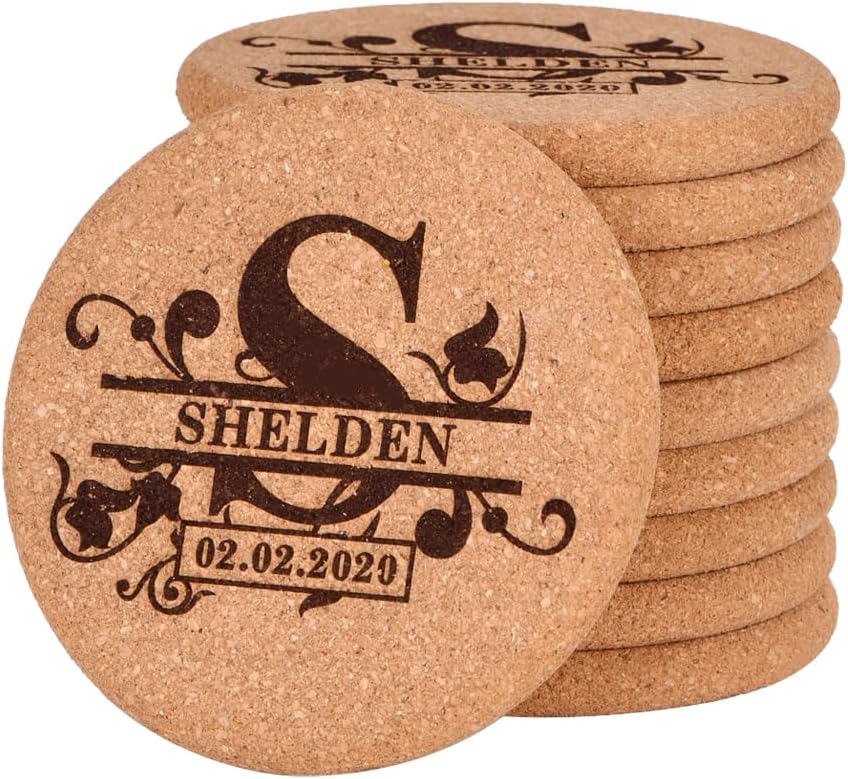 Personalized Cork Coasters for Drinks, Custom Engraved Absorbent Heat & Water Resistant Coasters for Cups and Mugs (S)