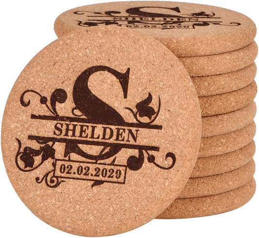 Personalized Cork Coasters for Drinks, Custom Engraved Absorbent Heat & Water Resistant Coasters for Cups and Mugs (S)