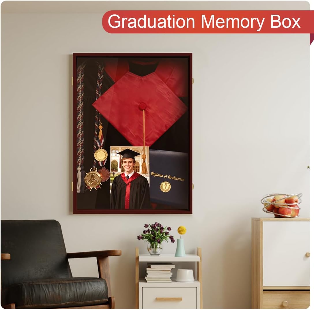 Graduation Shadow Box 17x23 Inch - Large Deep Display Frame for Cap, Gown, Diploma & Awards - College University Keepsake Memory Box in Mahogany
