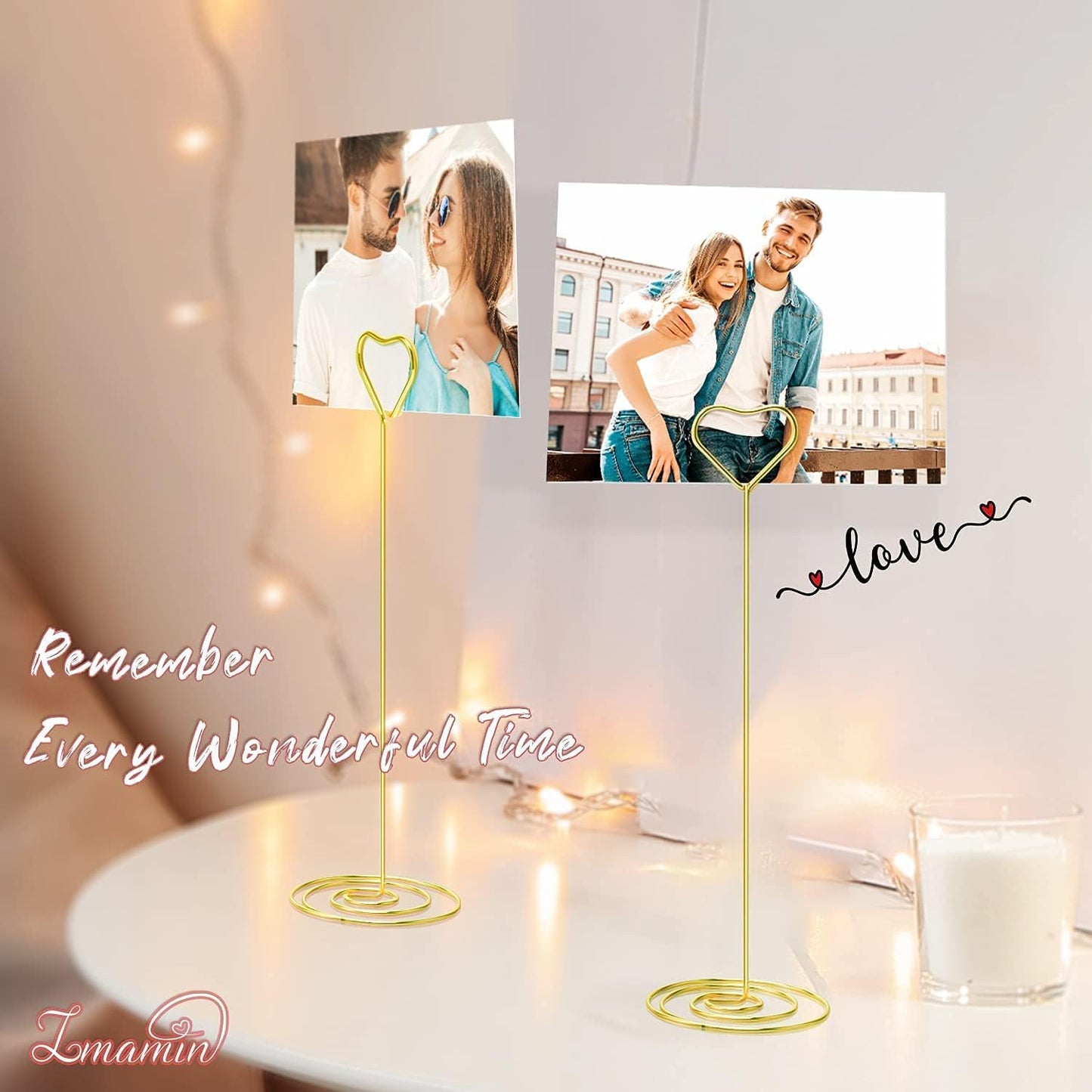 16pcs Place Card Holders, 8.75 Inches Tall Table Number Holders, Gold Picture Holder for Tables with Heart Shaped Clip for Wedding, Photos, Food Signs, Memo Notes, Restaurant, Birthday