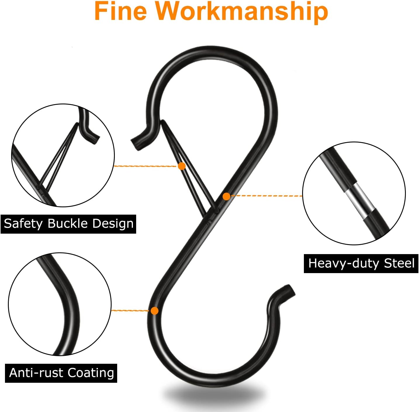 16 Pack Heavy Duty S Hooks with Safety Buckle - S Shaped Hooks for Hanging Plants, Clothes, Kitchen Utensils, Bags (Black)