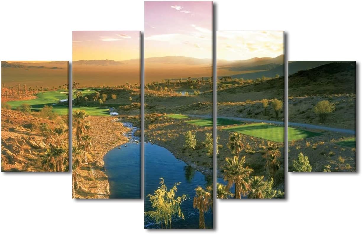 Cascata Golf Course Wall Art Green Golf Course Scenery Pictures Canvas Print Home Decor 5 Panels House Decor for Living Room Bedroom Bathroom Painting Poster Framed Ready to Hang - 60"W x 40"H