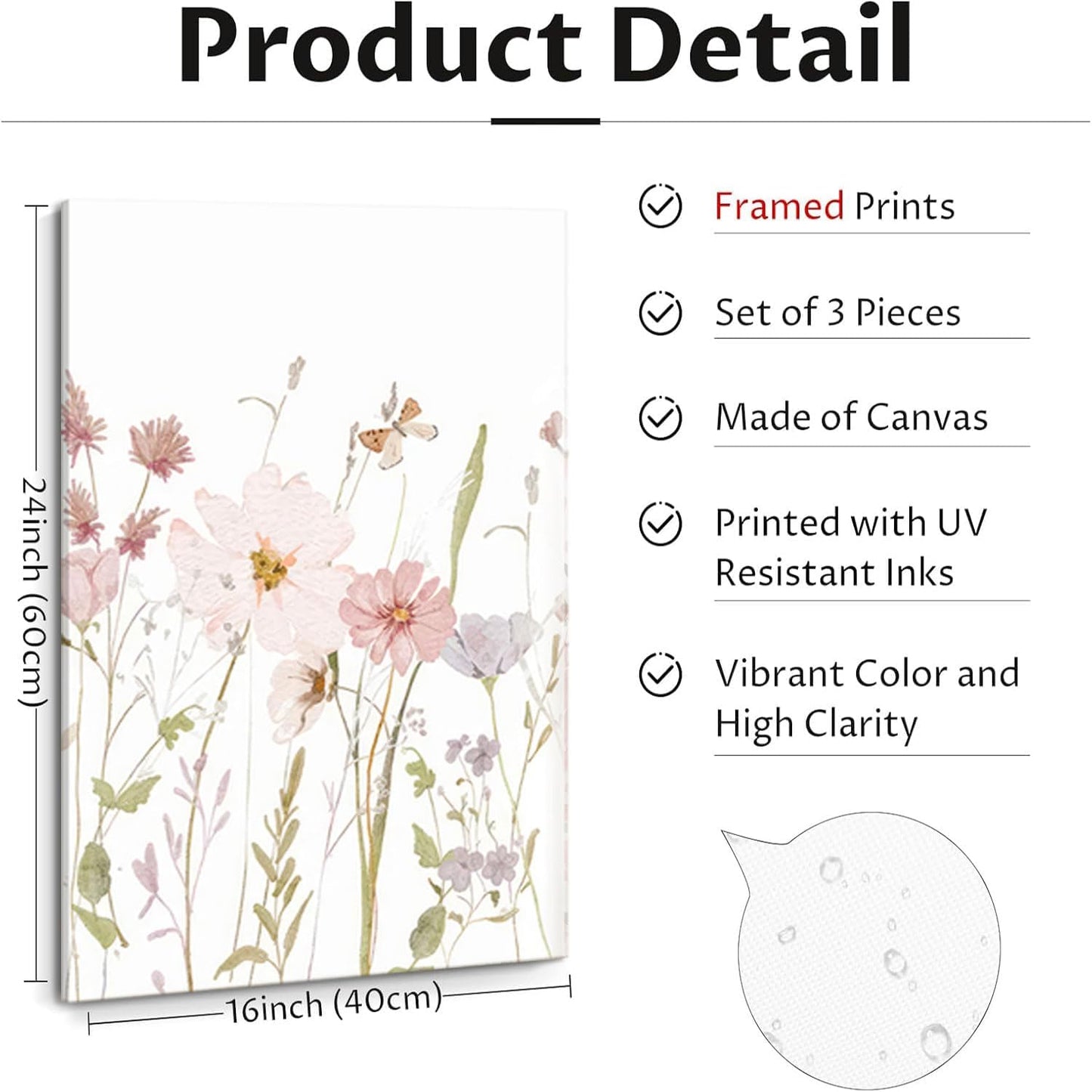 MTFBWY Floral Canvas Wall Art Flower Framed Art Prints Set of 3 Pink Wildflower Printing Botanical Nursery Pictures Wall Decor Artwork for Living Room Bedroom Bathroom 16x24in