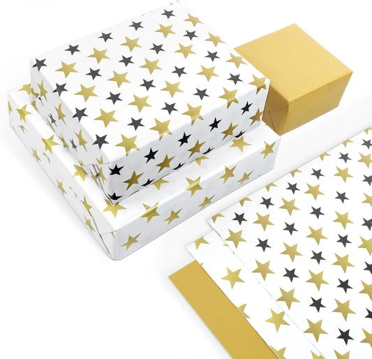 HimBen Gift Wrapping Paper 12 Sheets, Folded Flat Gift Wrap Paper for Presents, Kids, Boy and Girl, 20 x 29” Per Sheet - Gold Black Stars