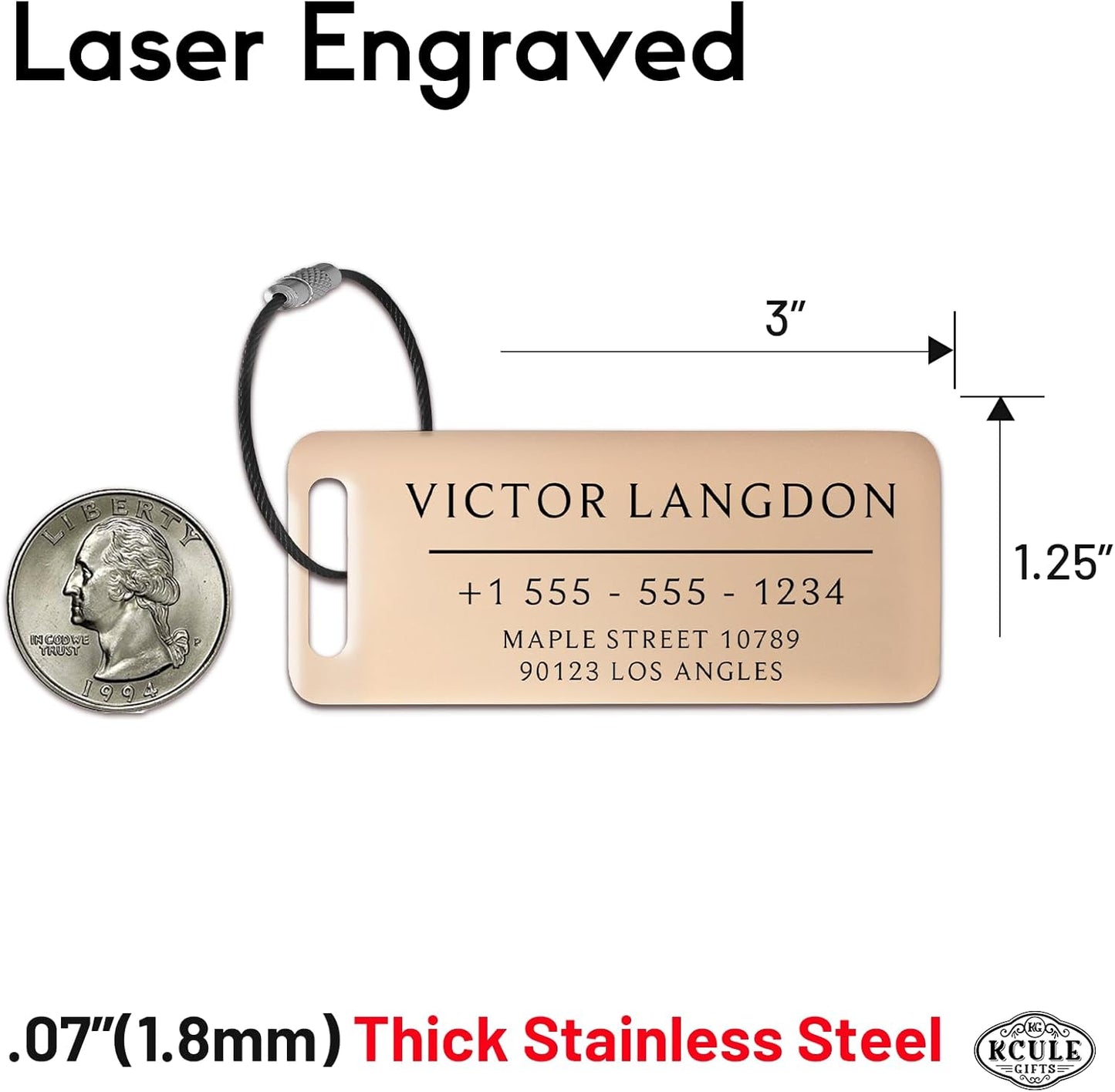 Personalized Luggage Tags for Suitcases - Stainless Steel Custom Luggage Tags for Backpacks & Bags, Sturdy, Waterproof & Heavy Duty (Rose Gold or Silver / 3" x 1.25")