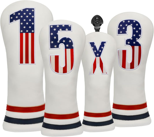 Golf Head Covers, 4pcs or 1pc USA Stars and Stripes Golf Club Covers for Woods and Driver Fairway Hybrid, PU Leather Golf Club Head Covers for Men Women with Interchangeable Tags, Fits Most Golf Clubs