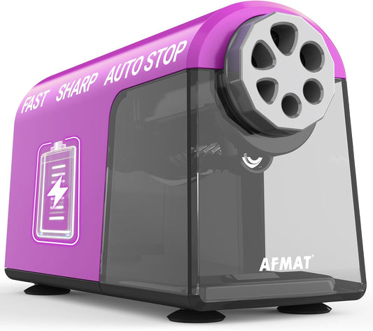 AFMAT PSD2 Electric Pencil Sharpener Heavy Duty, 6 Holes, Cordless & Rechargeable, Fast Sharpen, Auto Stop, 10K+ Uses, Classroom Pencil Sharpener for 6-11mm No.2/Large/Colored Pencils, Purple