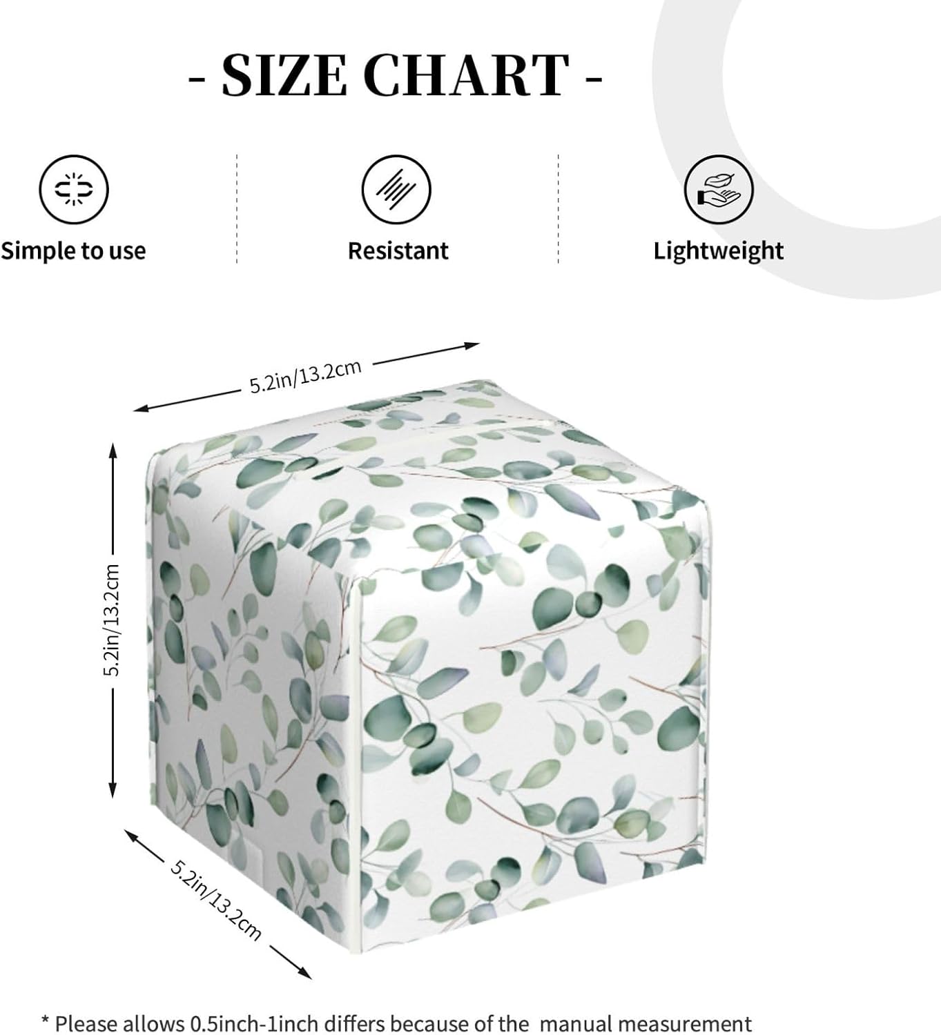Tissue Box Cover Watercolor Green Leaves Square PU Leather Tissue Box Holder for Car Bathroom Bedroom Desk Tabletop Decor