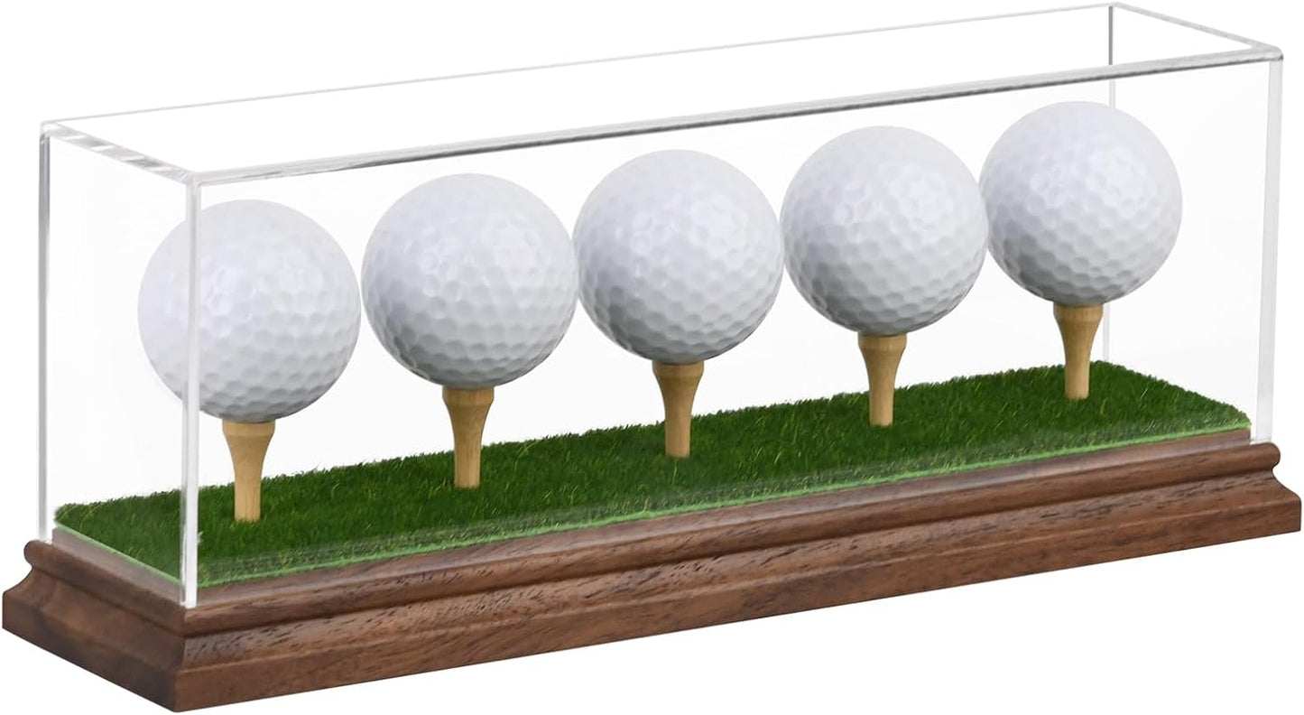 Hole in One Golf Ball Display Case Golf Ball Display Case Holder for 5 Golf Balls Wanult Wood Base Acrylic Golf Ball Holder Stand Lifelike Turf Wood Tee Memorabilia Showcase Cube Box Stand Gift Decor