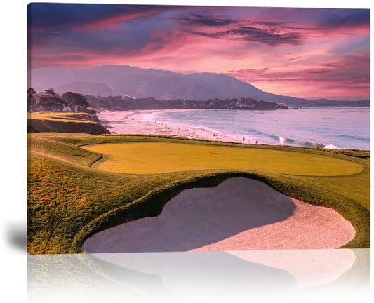 HJY Art Pebble Beach Golf Course Wall Art USA California Golf Course Wall Decor Sunset Landscape Painting Poster for Home Decor Living Room Bedroom Office Club Gym Framed Artwork (18 x 24 inch)
