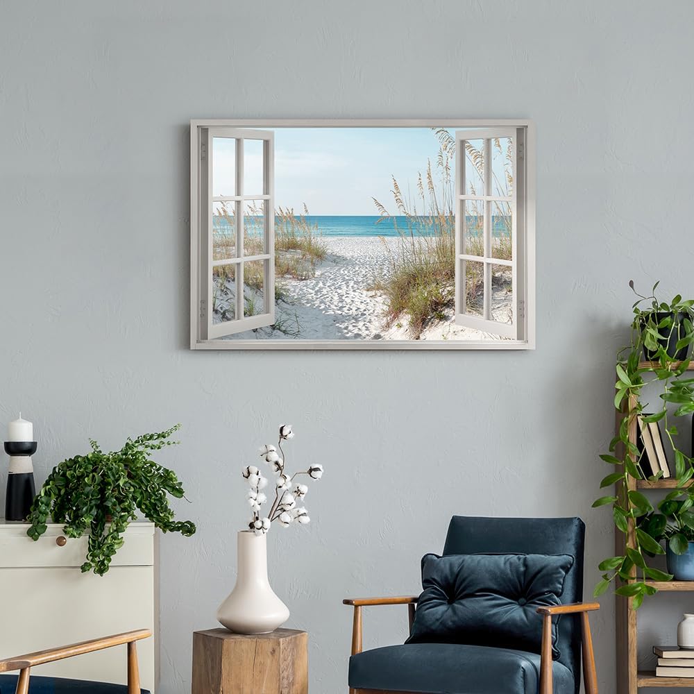beach wall art window picture: coastal canvas artwork seascape scene prints looking out fake window wall decor for bedroom 45"x30"