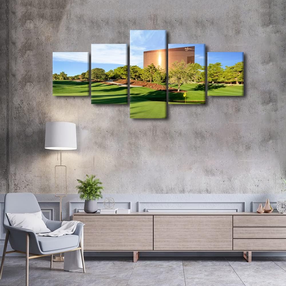 5 Panels American Wall Art Pictures for Home Decor Wynn Las Vegas Golf Course Painting on Canvas Poster Print Artwork Modern House Decor Framed Living Room Decorative Framed Ready to Hang - 50"Wx24"H