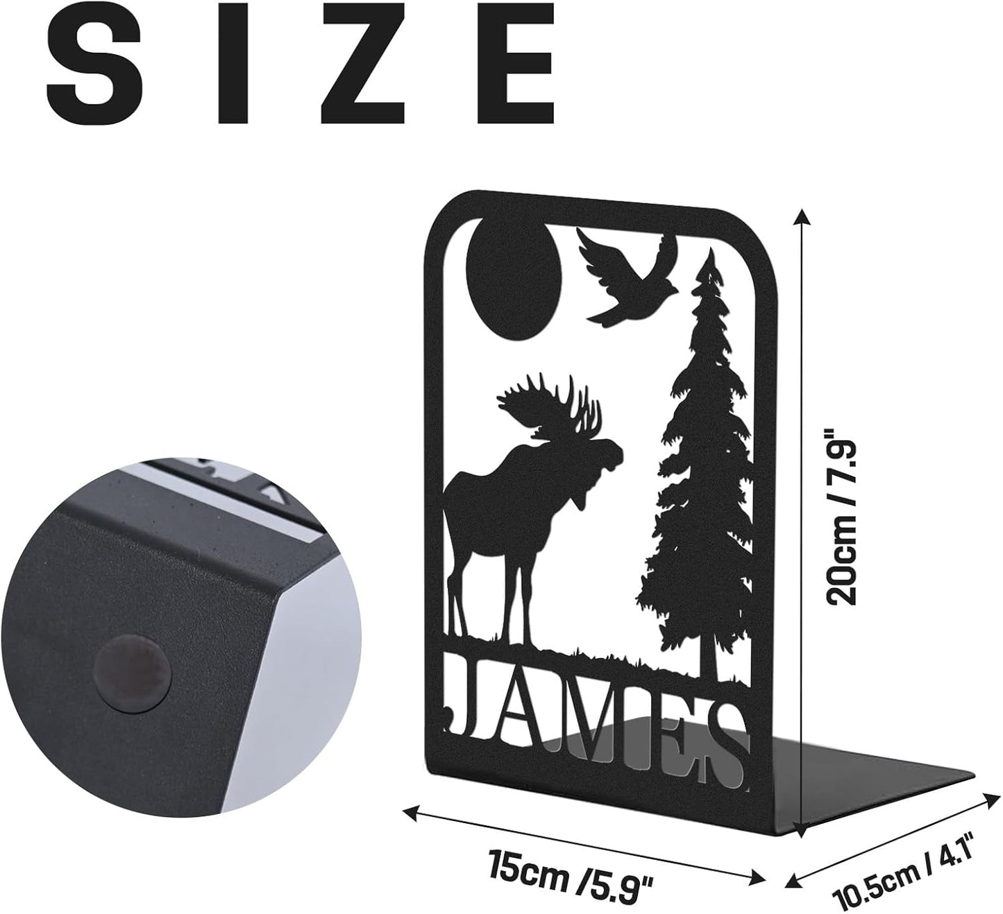 Custom Deer Metal Book Ends 2 Pcs, Forest Theme Bookends for Shelves Decorative, Heavy Duty Bookend Stopper, Deer Cabin Decor, Book Organizer for Desk, Black Book Holders for Home Office, Hunter Gifts