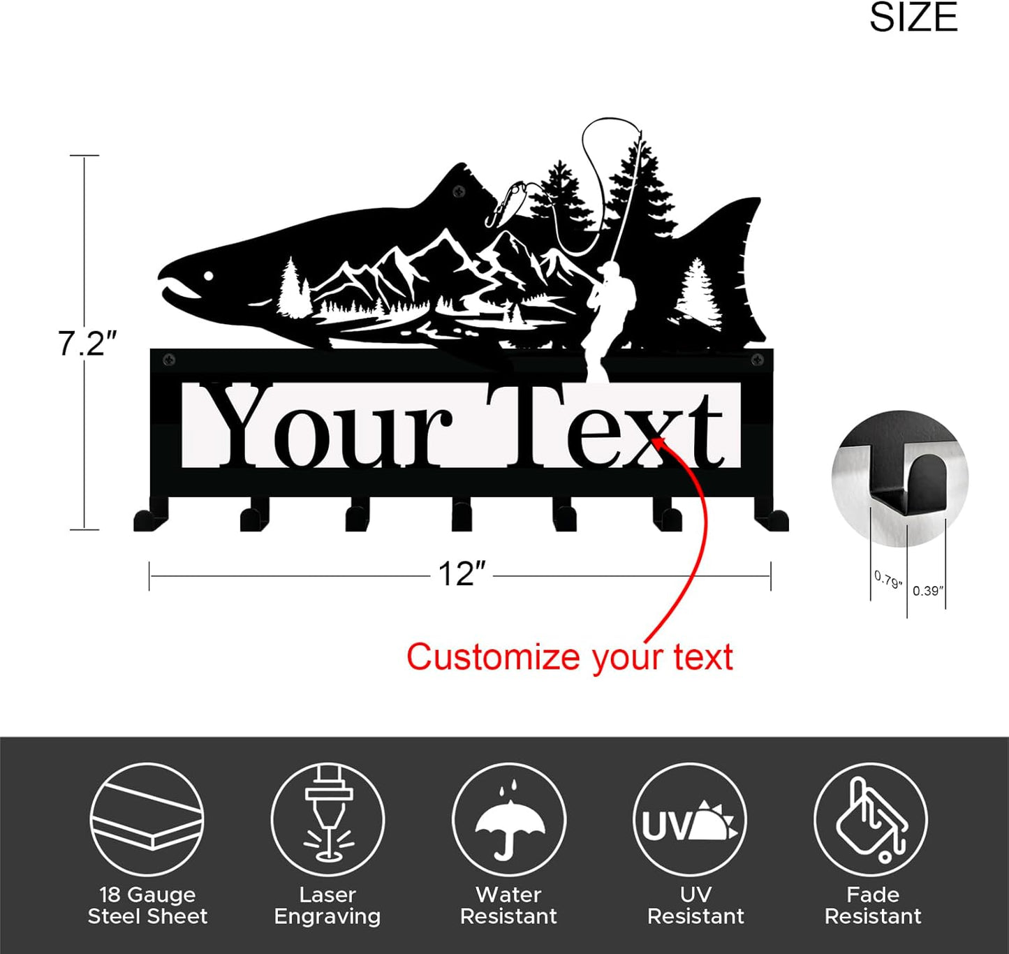 NIWAHO Personalized Family Name Metal Wall Sign with Hooks – Salmon Fish Key Rack Holder Wall Mount Customized Name for Entryway, Mudroom, Kitchen, or Cabin Decor