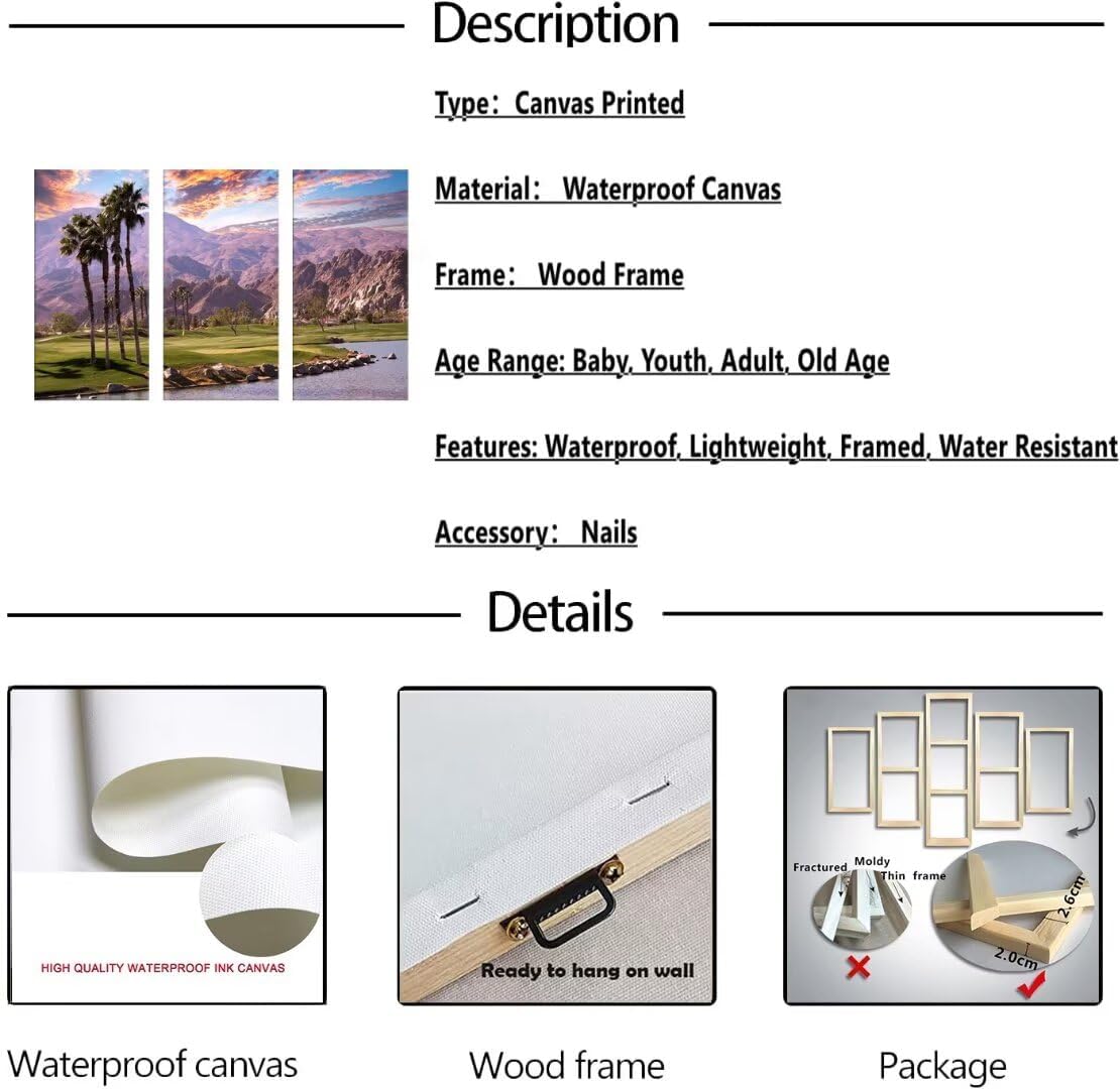 chenchenArt Golf Course at Sunset in Palm Wall Art Pictures Golf Course Wall Decor for Living Room Bedroom Home Decorations Canvas Prints Modern Artwork Framed Ready to Hang(20''W x 40''H x3)