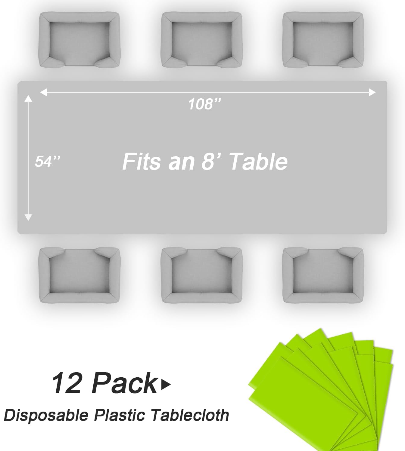 QIKSION Plastic Table Cloth Disposable 12 Pack, 54 x 108 Inch Tablecloths for Rectangle Tables, Lime Green Plastic Table Cover