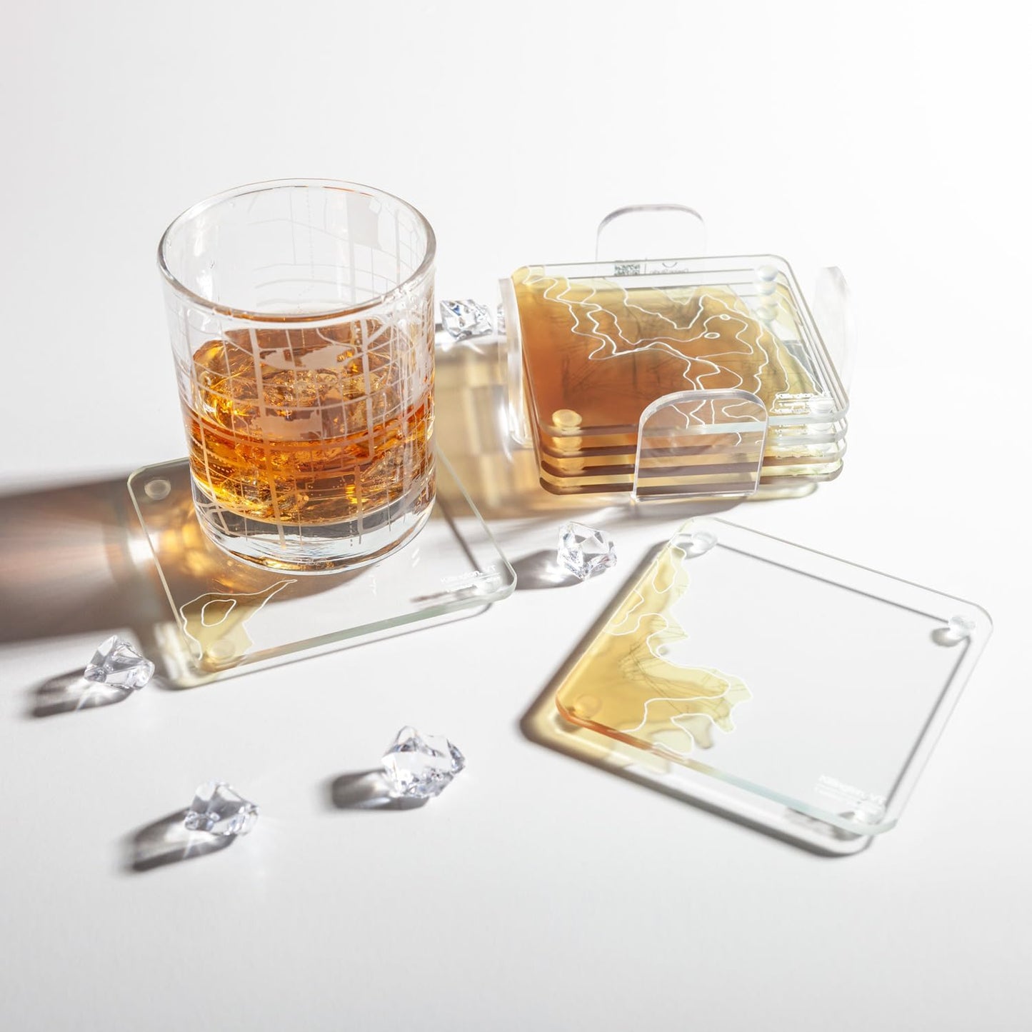 Killington, VT 3D Contour Map Glass Drink Coasters of Mountains, Ski Resort, Set of 6 with Holder, Housewarming Birthday Gifts, Home Décor