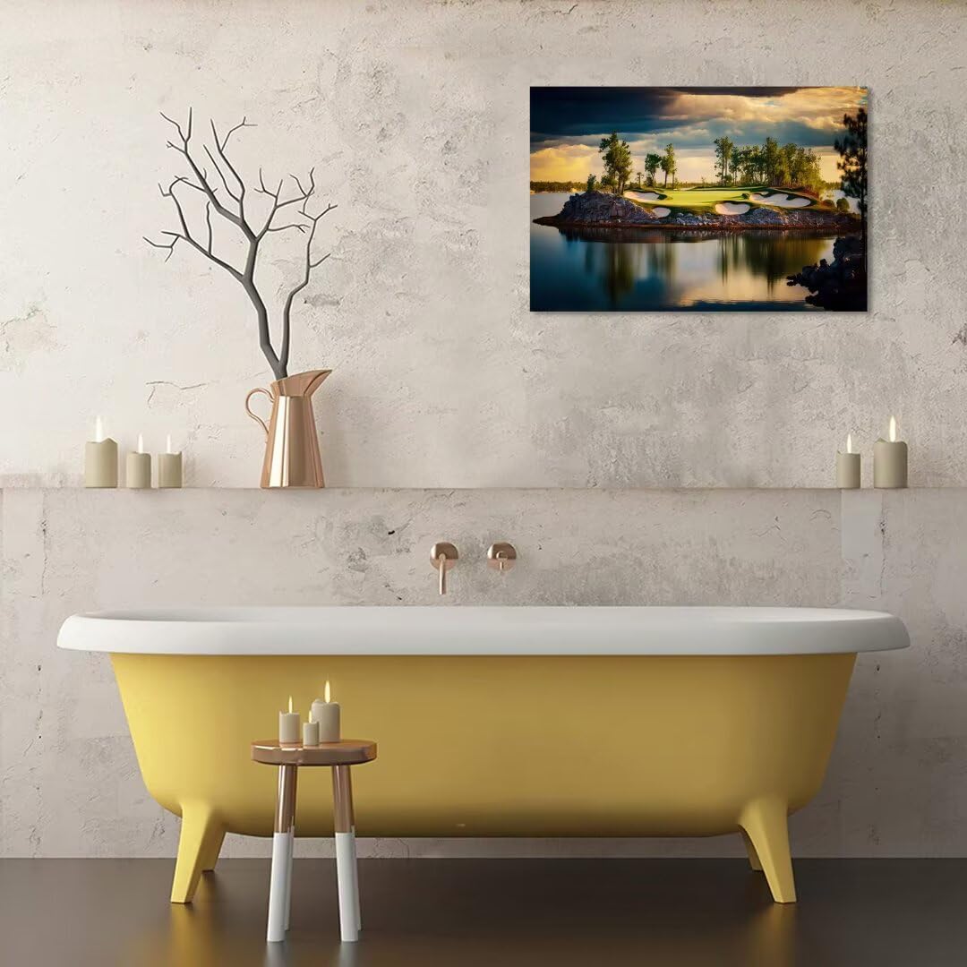 chenchenArt Sunset Landscape Golf Course Wall Art Picture Golf Course Wall Decor for Living Room Bedroom Bathroom Home Decorations Canvas Prints Framed Ready to Hang(12''H x 16''W)