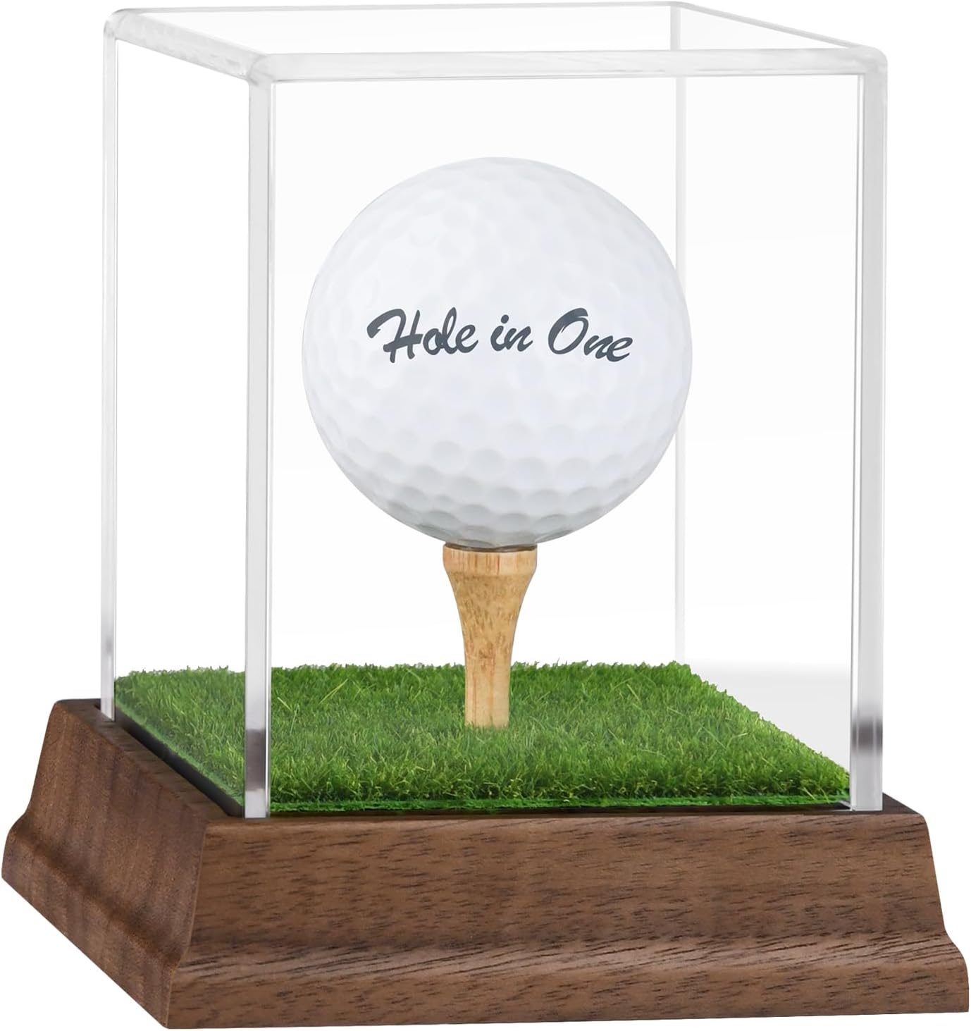 Golf Ball Display Case Hole in One Golf Ball Display Case Holder Wanult Wood Base Acrylic Golf Ball Holder Stand Lifelike Turf Wood Tee Memorabilia Showcase Square Cube Box Stand Golf Gifts Decor