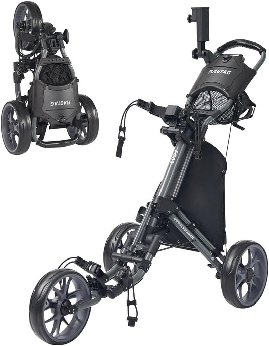 Golf Push Cart 3 Wheel,Foldable Golf Push Cart,Golf Bag Cart with Foot Brake,Umbrella Holder, Cup Holder, Storage Compartment