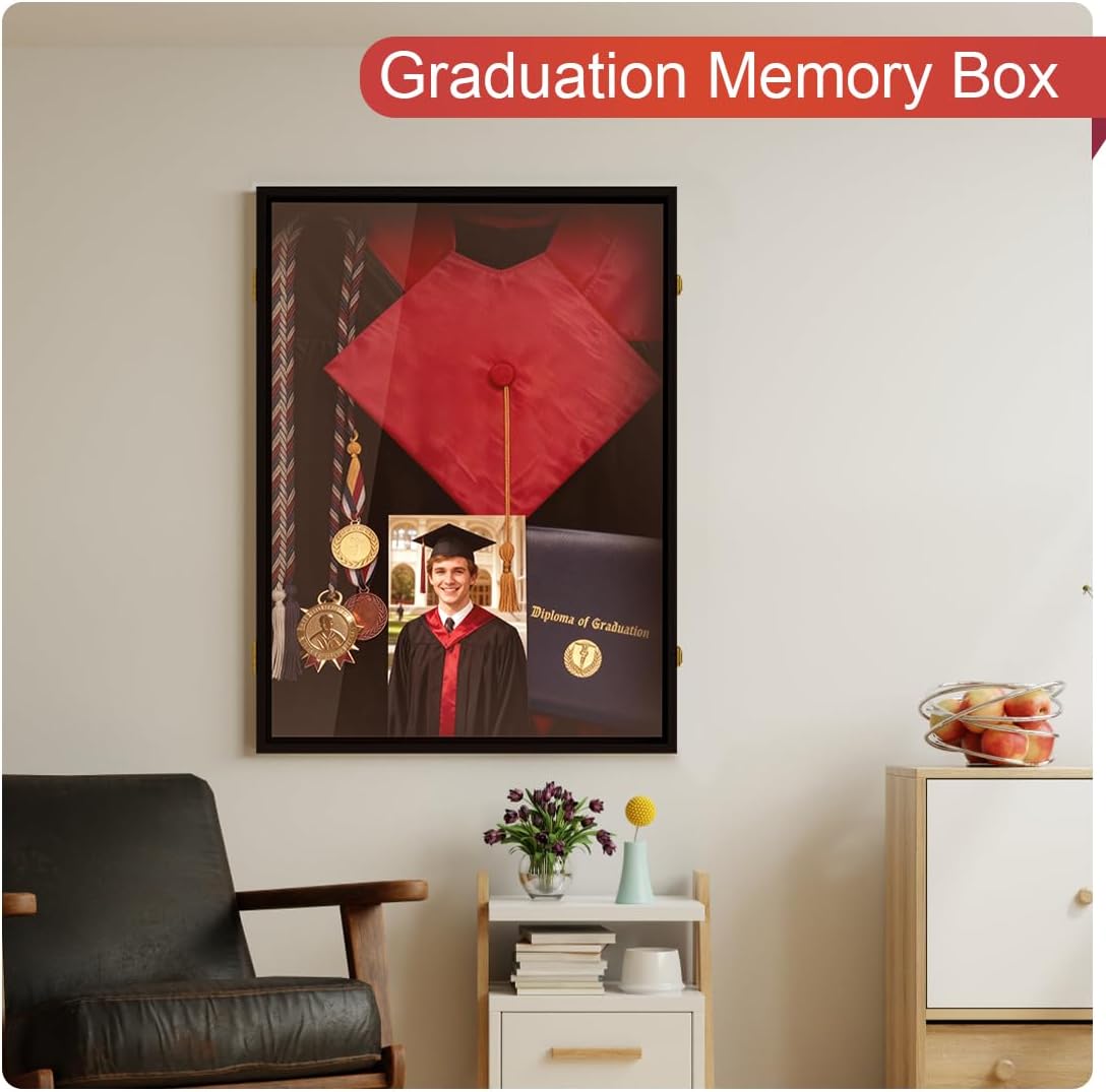 Graduation Shadow Box 17x23 Inch - Large Deep Display Frame for Cap, Gown, Diploma & Awards - College University Keepsake Memory Box in Black