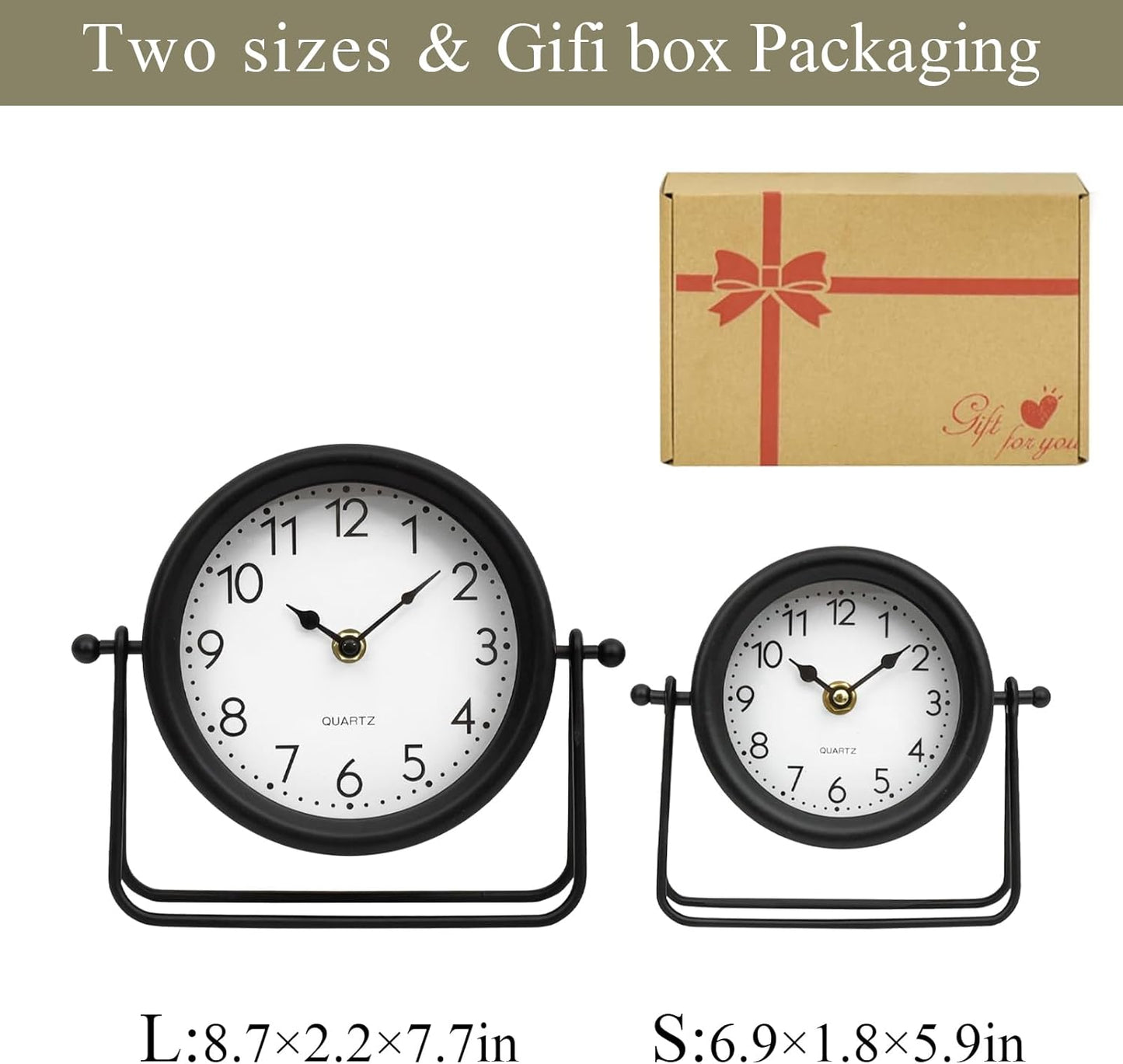 Small Black Desk and Shelf Clock, 5.9*6.9 Inch Retro Elegant Tabletop Clock with Glass Cover, Silent Non-Ticking Battery Operated Decorative Clock for Living Room, Office, Bedroom, Gift Idea