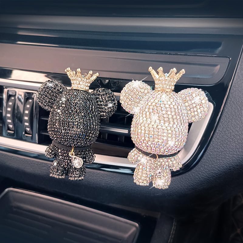 Handmade Bling Rhinestone Bear Car Air Freshener Cute Ornaments Car Vent Clips Accessories Perfume Clip Aromatherapy Diffuser Fragrance Cotton Pad Car Interior Decoratio Women Girl (AB白)