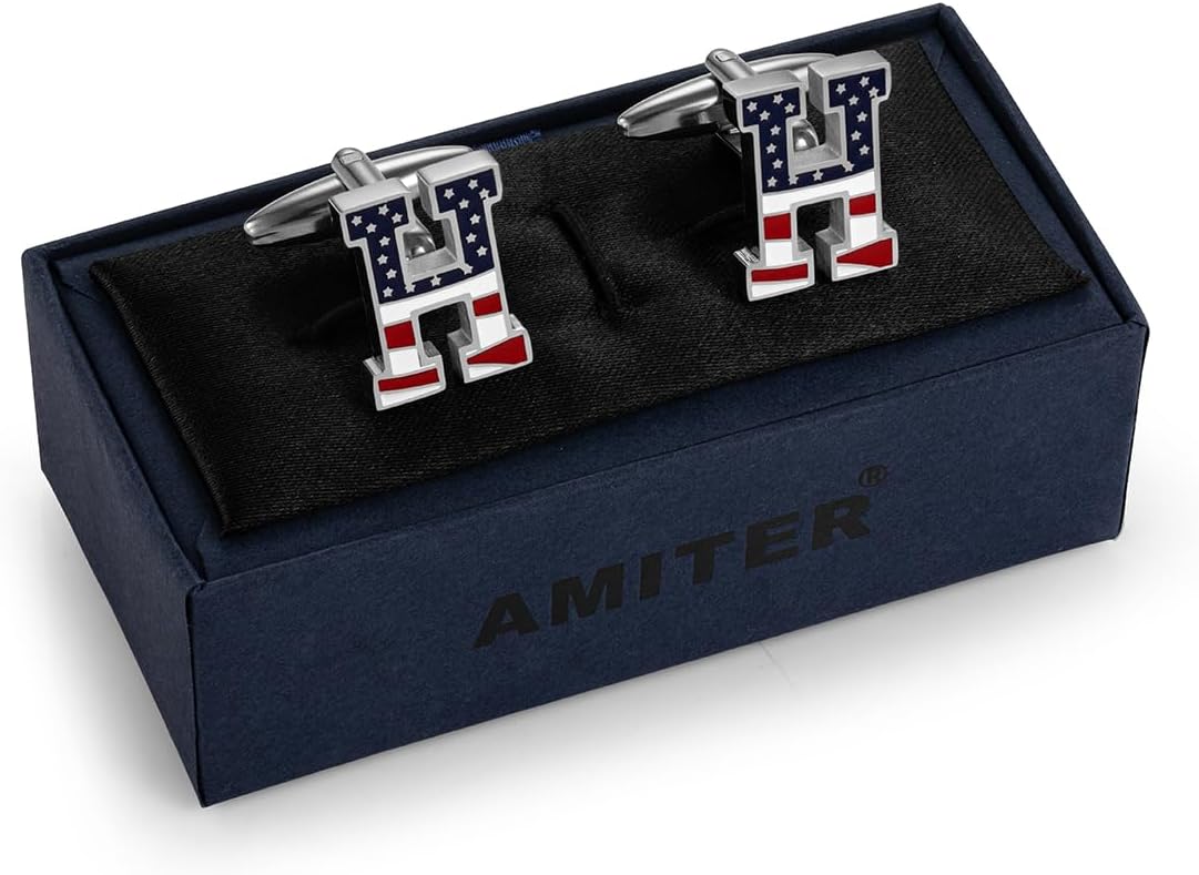AMITER Initial Cufflinks for Men, American Flag Pattern Cuff Links Men's Shirt Studs Suit Accessories Gift