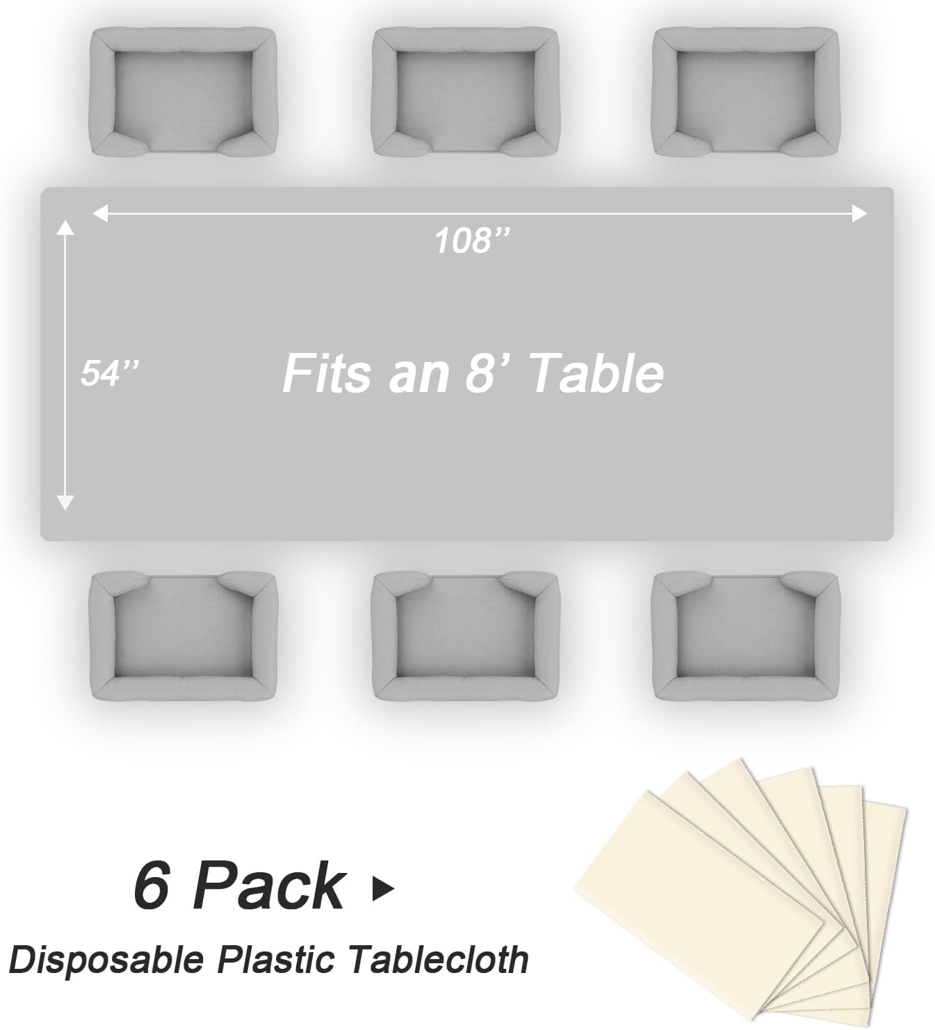 QIKSION Plastic Table Cloth Disposable 6 Pack, 54 x 108 Inch Tablecloths for Rectangle Tables, Ivory Plastic Table Cover