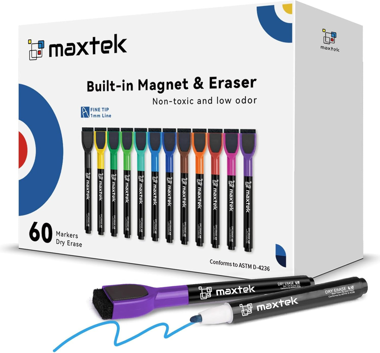 maxtek 60 Count Magnetic Dry Erase Markers, Fine Tip, 12 Colors, Low Odor Whiteboard Markers with Built-in Eraser