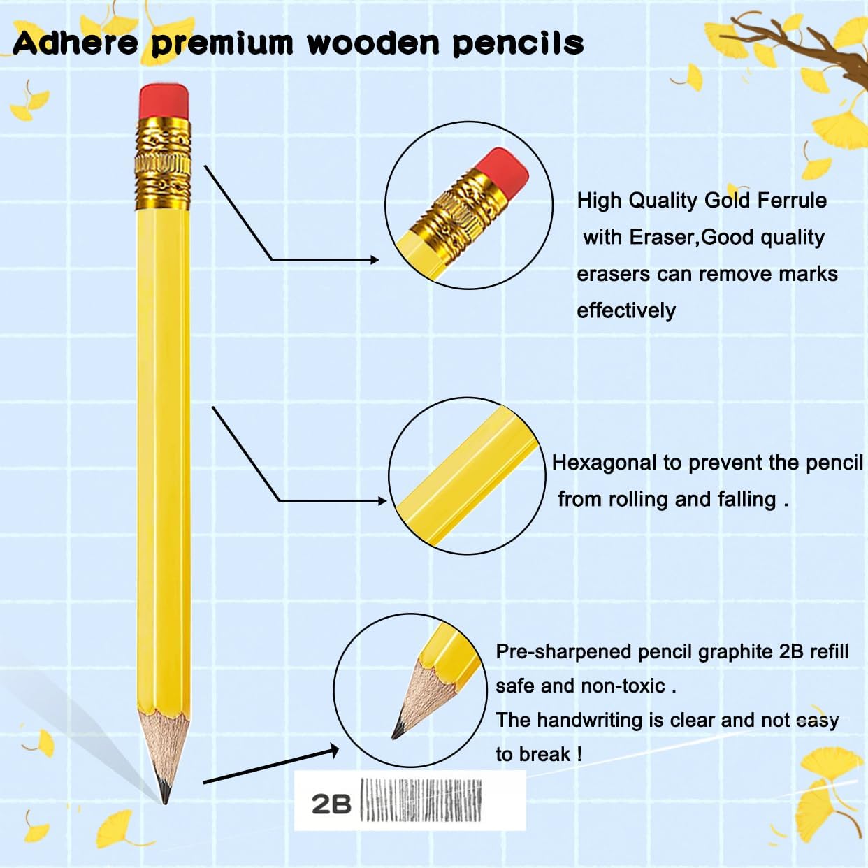 Adhere 25pcs Golf Pencils with eraser Hexagon Wooden Pencils Graphite 2B for Golf Event Scoring,Classroom,Wedding,Company Meetings,Pew, Pocket (Yellow1)