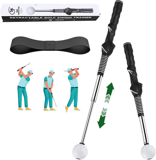 Retractable Golf Swing Trainer - Golf Swing Training Aid,Golf Grip Trainer ＆ Improve Swing Tempo | Click Stick Right-Handed Training Aid with Arm Band for All Golfers,Indoor & Outdoor Use