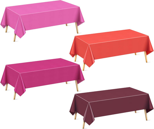 4 Pieces Red Series Rectangle Tablecloth, 54x72 Solid Color Waterproof & Spillproof Disposable Plastic Table Cover, Durable Party Tablecloth for Dining, Buffet, Picnic, Outdoor Events