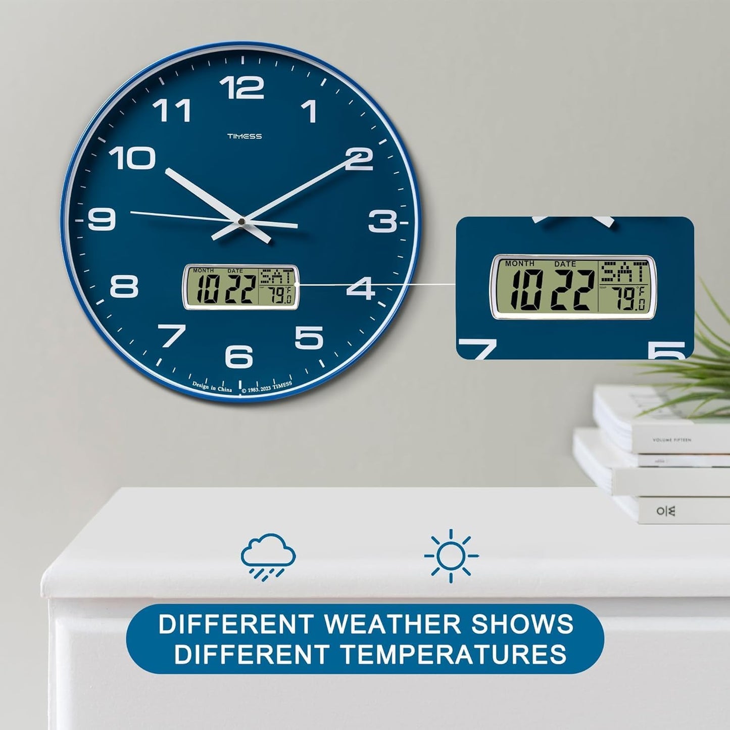 Wall Clock, 10" Dial Non-Ticking Silent Battery Operated Analog with LCD Display for Perpetual Calendar and F° Temperature, Ideal Modern Home, Bedroom, Kitchen, Office Decor (Blue)