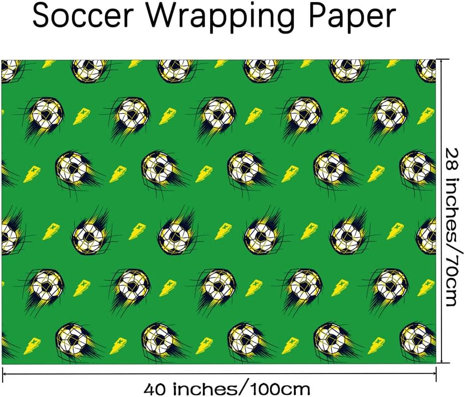 WAPLIGHAL Soccer Wrapping Paper - Green Background with Dynamic Soccer Ball and Lightning Bolt Design - 28 x 40 Inches - Perfect for Birthdays, Holidays, and Sports Events