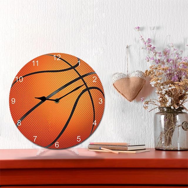Basketball Wall Clock Sport Ball Wall Clock Wooden Bathroom Clock Battery Operated Non Ticking Silent Clocks Living Room Decorative Clock Round 10inch