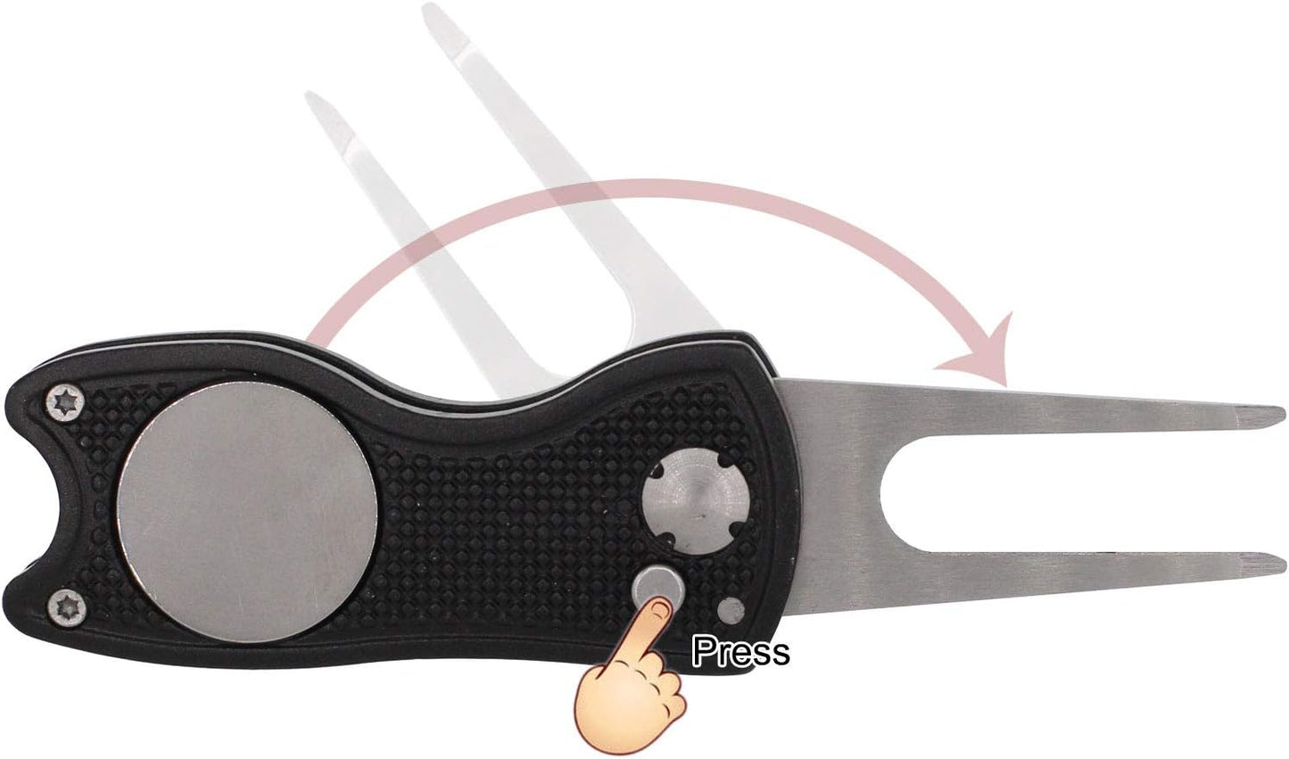 Golf Divot Repair Tool with Magnetic Ball Marker, Metal and Foldable Design