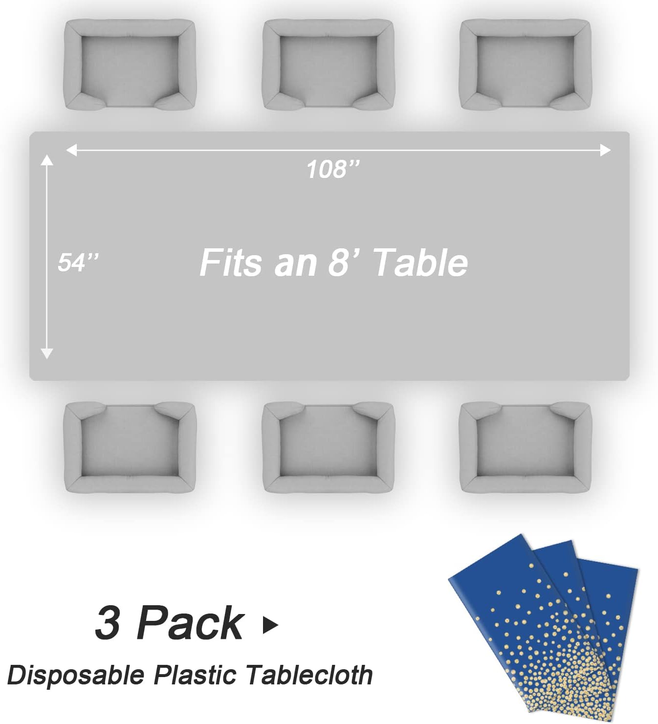 QIKSION 3 Pack Navy Blue and Gold Dot Tablecloth for Parties, Disposable Blue Table Cloths for Birthday, Graduation Party Table Cover for Rectangle Tables(54 × 108 Inch)