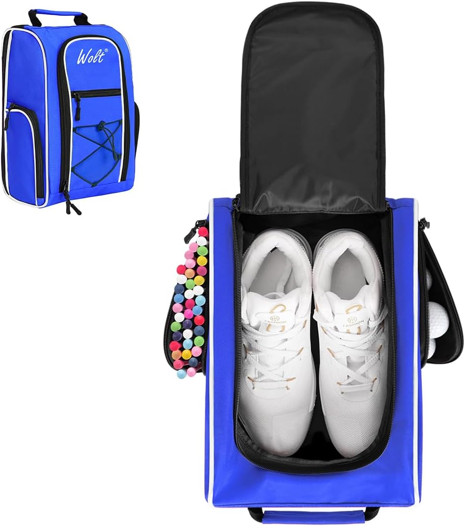 Wolt | Golf Shoe Bag for Travel- Zippered Shoes Carrier Bags with Ventilation & Double Outside Accessory Pocket for Socks, Tees, Golf Balls, etc. for women and men (Blue)