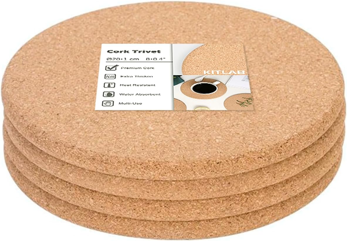 Cork Trivet, 4 Pack High Density Thick Cork Trivets for Hot Dishes, 8 Inch Heat Resistant Large Coaster for Kitchen, Hot Pads for Table & Countertop