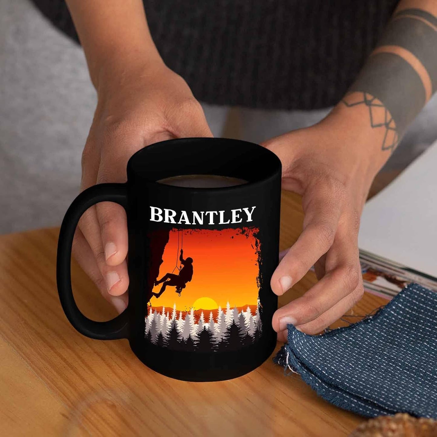 Personalized Custom Name Rock Climber Coffee Mugs & Travel Mugs, 11 Oz & 15 Oz, Black Ceramic, Perfect Gifts For Men & Women Climbing Lovers