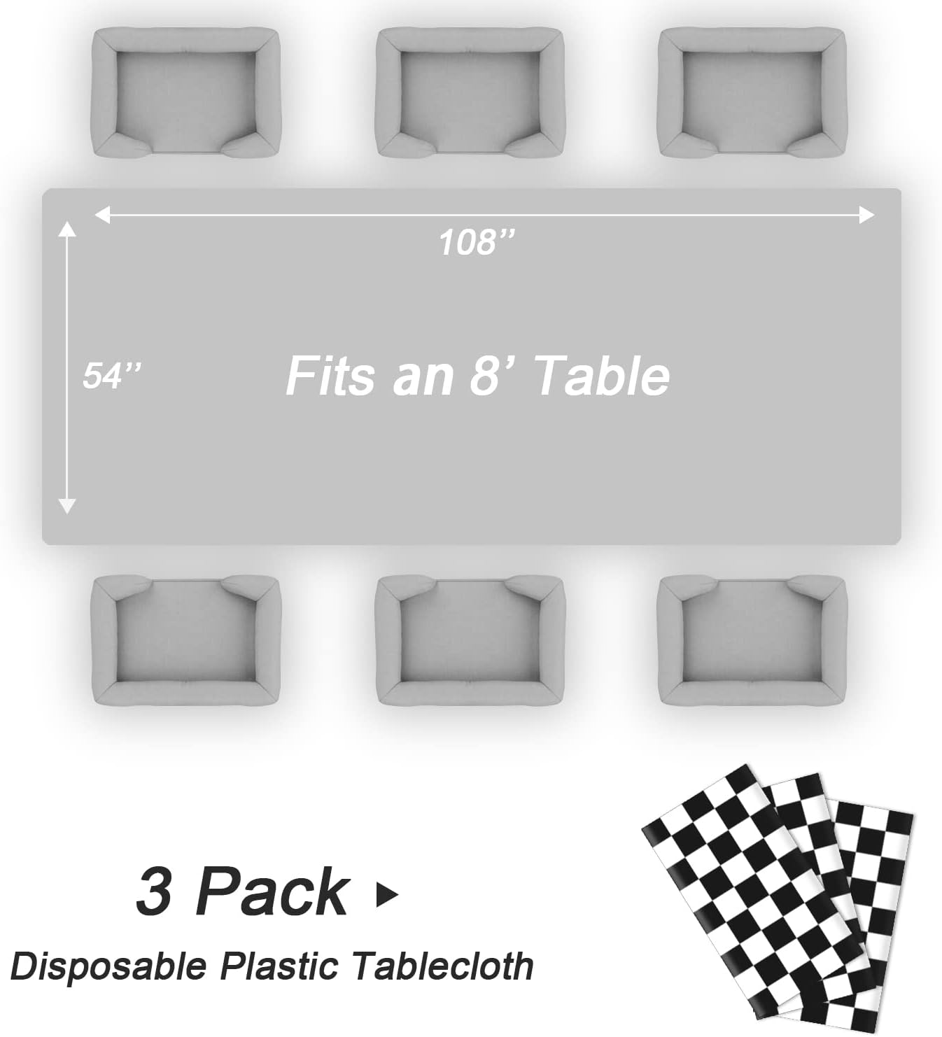 QIKSION 3 Pack Black and White Checkered Tablecloth Black Checkered Flag Tablecloth, Disposable Plastic Gingham Table Cover for Parties, Outdoor Picnic, Race Car Birthday Party(54 × 108 Inch)
