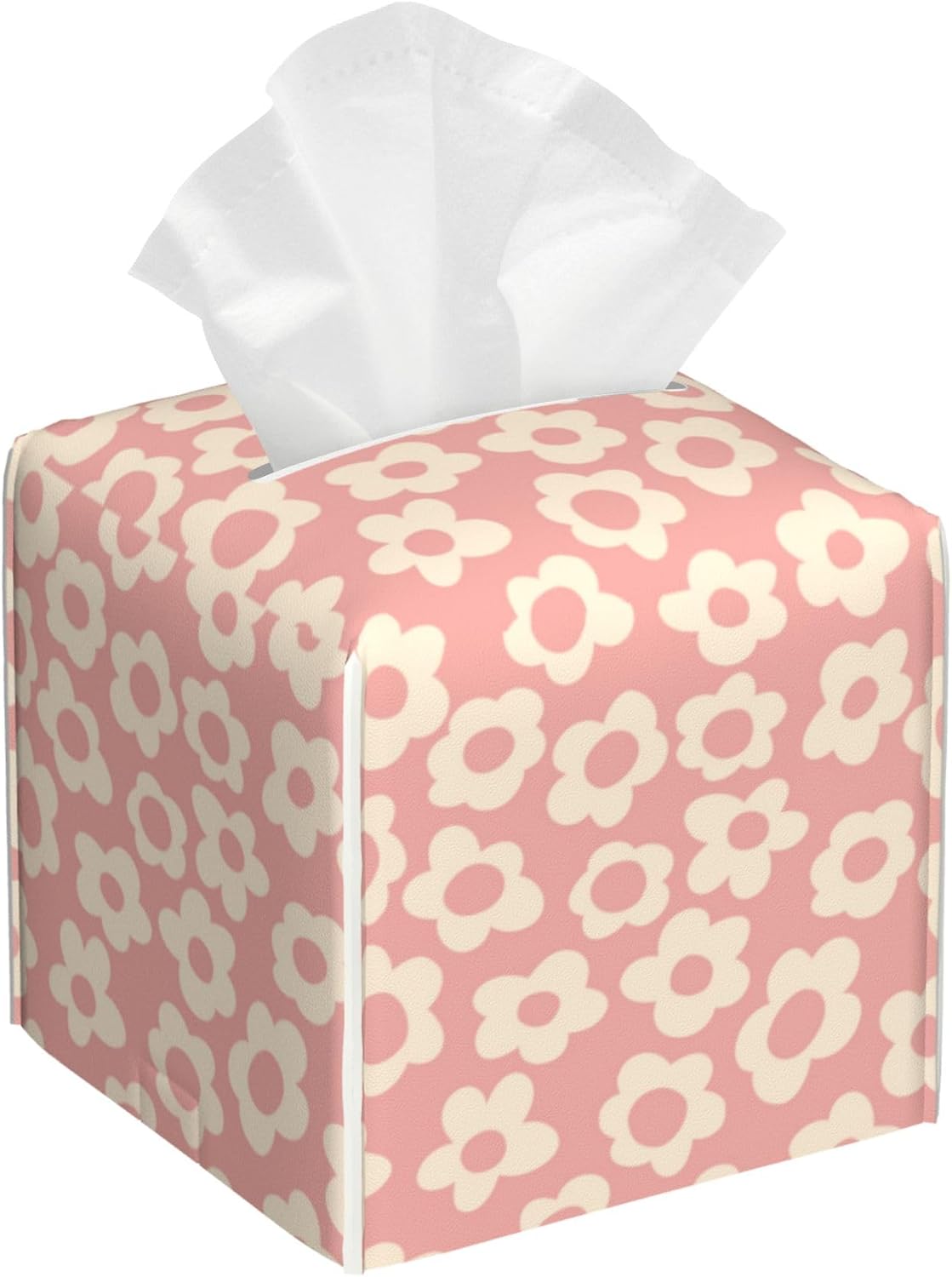 Vintage Groovy Flowers Tissue Box Cover Square,Pink Boho Floral Tissue Box Holder Waterproof Leather Facial Paper Organizer Dispenser for Bathroom Home Car Nightstand Vanity Desk