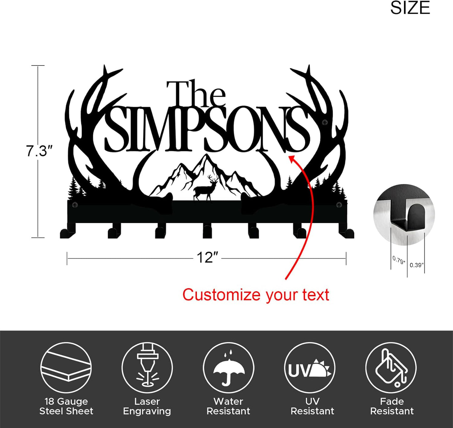 NIWAHO Personalized Family Name Metal Wall Sign with Hooks – Rustic Deer Antler Key Holder Wall Mount Customized Name for Entryway, Mudroom, Kitchen, or Bathroom Decor