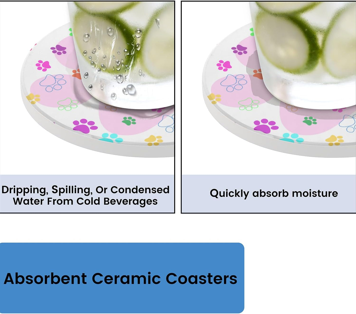 Ceramic Coasters for Drinks with Cork Back, Colorful Paw Prints On Pink 4 Inch Absorbent Coaster Set 1 Pack, Quick Dry Non-Slip Coaster Mats for Home, Office, Bar