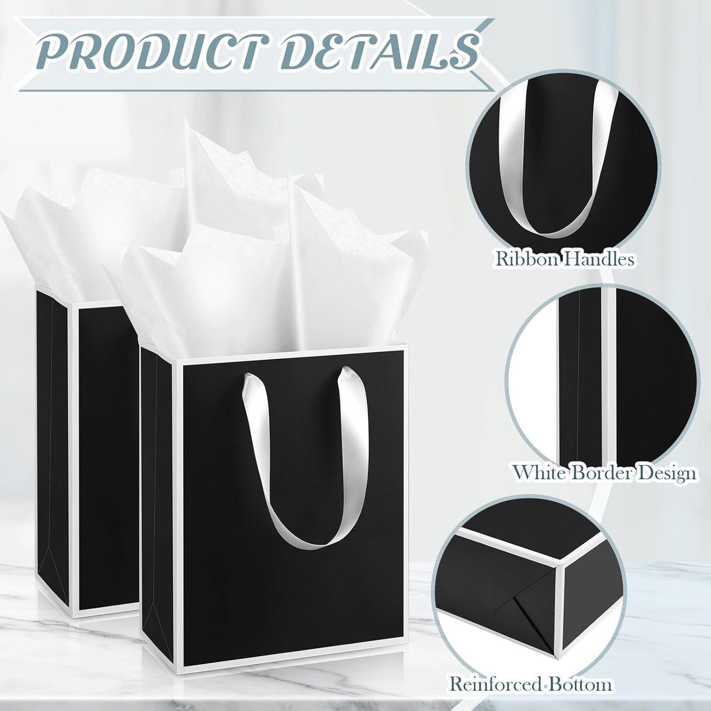 Yeaqee 24 Pack Metallic Paper Gift Bags with Handle and Tissue 9x7x3.1 Gold Foil Welcome Favor Bags Return Gifts for Wedding Fall 5 Senses Christmas Bridesmaid Birthday(Black, White)