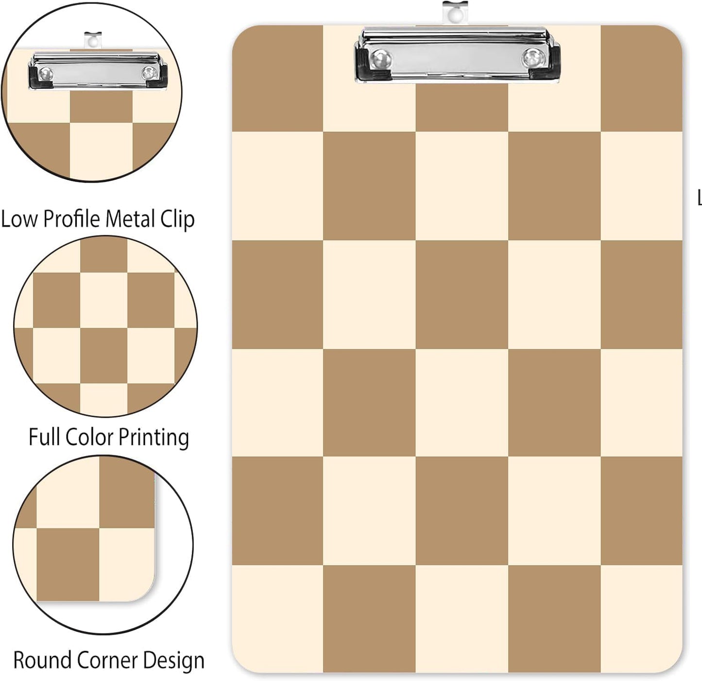 Fashion A4 Clipboard, Standard Letter Size 9" x 12.5", Decorative Wooden Clipboard with Low Profile Metal Clip for Office, School, Teachers, and Students, Coffee Checkered