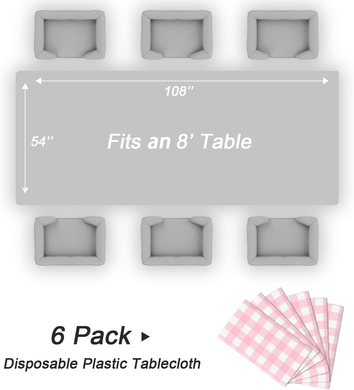 QIKSION Pink Gingham Tablecloth Disposable 6 Pack, 54 x 108 Inch Pink and White Checkered Table Cloth for Rectangle Tables, Plastic Table Cover