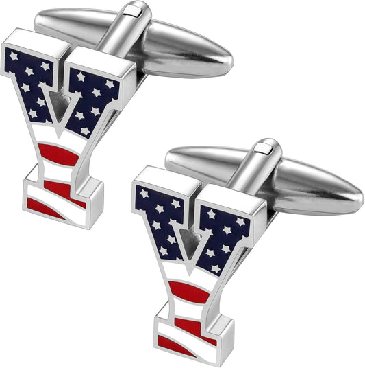 AMITER Initial Cufflinks for Men, American Flag Pattern Cuff Links Men's Shirt Studs Suit Accessories Gift