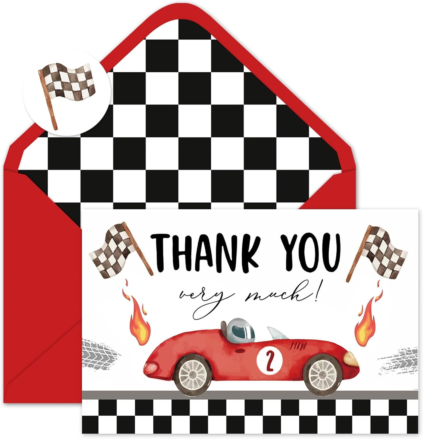 Whaline 24 Pack Race Car Thank You Cards Red Racing Theme Note Card with Envelopes Stickers Black White Plaid Greeting Blank Card for Birthday Baby Shower